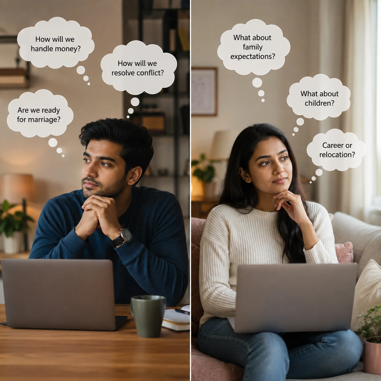 Indian couple discussing concerns before marriage